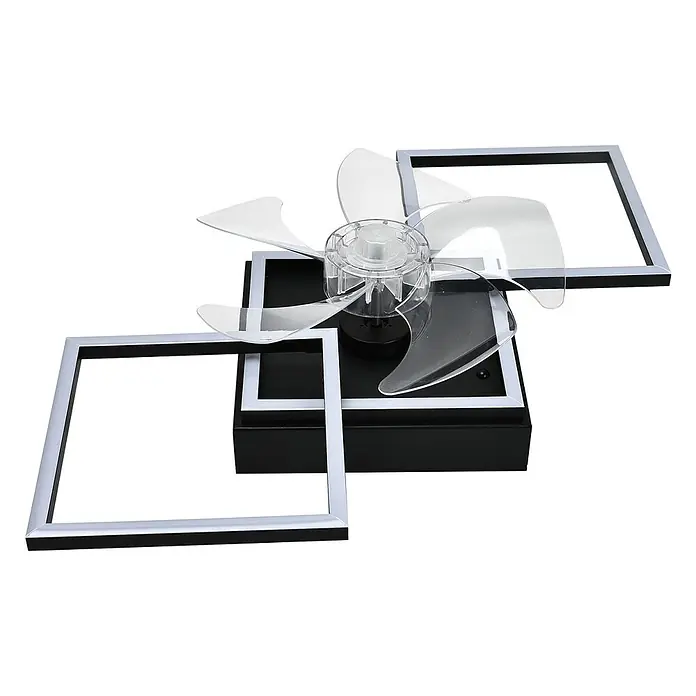 Nettlife Deckenventilator - Black, 680 mm, 51 W - Moderner Deckenventilator mit schwarzer Basis, transparenten Flügeln und zwei quadratischen silbergerahmten LED-Leuchten.