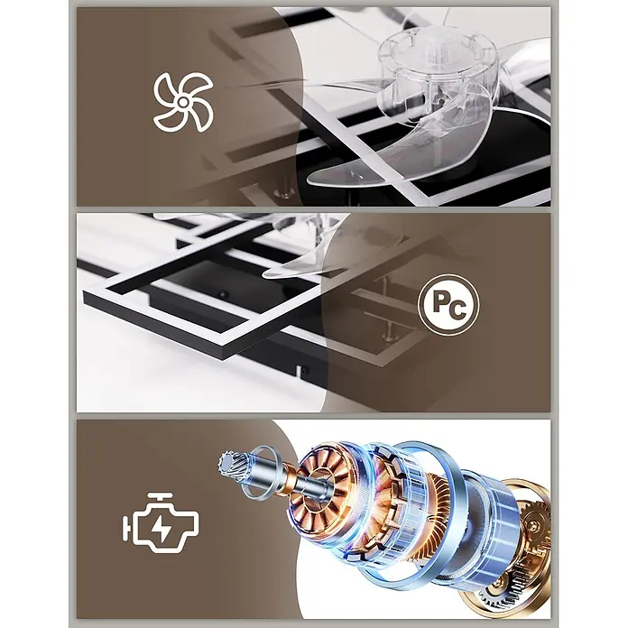Nettlife Deckenventilator - Black, 420 mm, 61 W - Detaillierte Ansicht eines Deckenventilators: klare Kunststoffflügel, ein moderner schwarz-weißer geometrischer Rahmen und ein zerlegter Elektromotor.