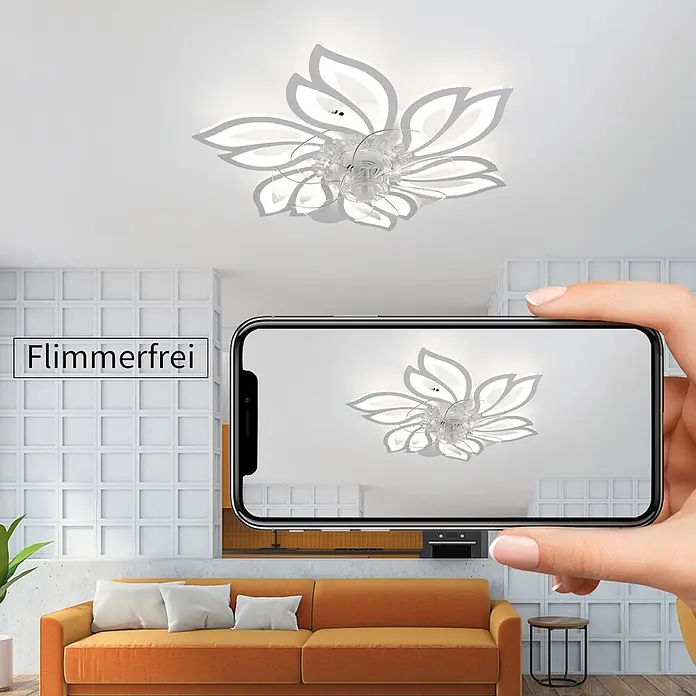 Nettlife Deckenventilator - White, 695 mm, 71 W - Moderne weiße, blumenförmige LED-Deckenleuchte, flimmerfrei, in einem Raum installiert und auf einem Smartphone-Bildschirm betrachtet.
