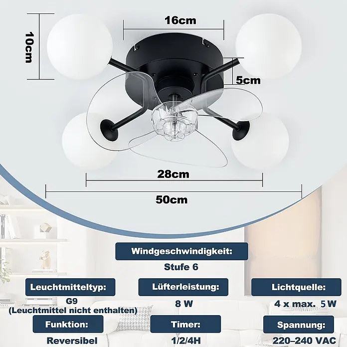 Nettlife Deckenventilator - Multicolor, 500 mm, 32 W - Ein schwarzer Deckenventilator mit vier weißen kugelförmigen Lichtern und transparenten Flügeln. Maße sind im Bild überlagert.
