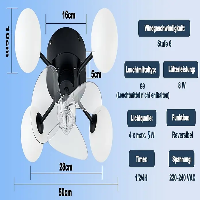 Nettlife Deckenventilator - Multicolor, 500 mm, 32 W - Schwarzer Deckenventilator mit vier transparenten Flügeln und vier weißen Kugel-Leuchten, Abmessungen und technische Daten sind sichtbar.