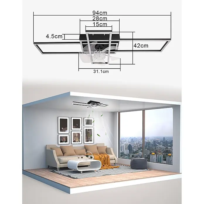 Nettlife Deckenventilator - Black, 420 mm, 61 W - Quadratischer schwarz-silberner Deckenventilator mit Licht, bemaßt und in modernem Wohnzimmer.