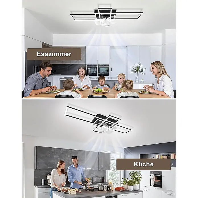 Nettlife Deckenventilator - Black, 420 mm, 61 W - Moderner schwarz-weißer LED-Deckenventilator mit rechteckigem Design, spendet Licht und Luft in Esszimmer und Küche.