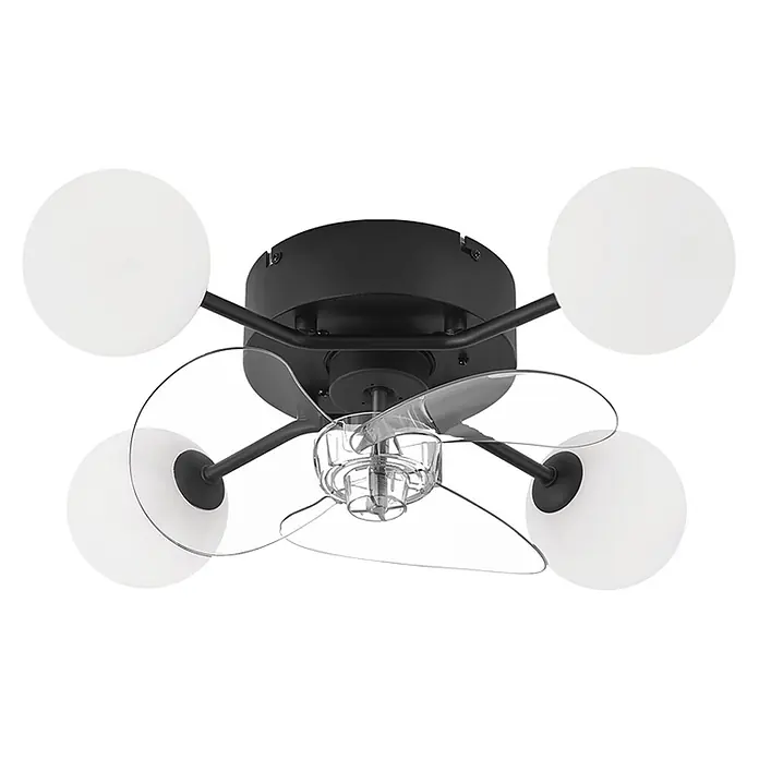 Nettlife Deckenventilator - Multicolor, 500 mm, 32 W - Mattschwarzer Deckenventilator mit vier weißen Kugelleuchten und transparenten Ventilatorflügeln.