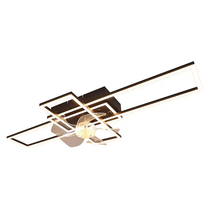 Nettlife Deckenventilator - Black, 420 mm, 61 W - Moderner schwarzer Deckenventilator mit integrierten geometrischen LED-Lichtleisten und kleinem Ventilator mit transparenten Flügeln.