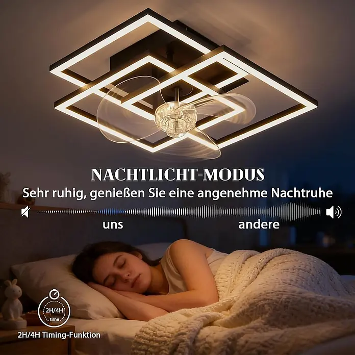 Nettlife Deckenventilator - Black, 370 mm, 38 W - Moderner schwarzer Deckenventilator mit integriertem LED-Licht beleuchtet ein Schlafzimmer für ruhigen Schlaf mit leisem Betrieb und Timer.
