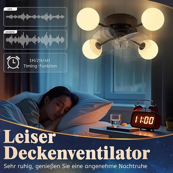 Nettlife Deckenventilator - Multicolor, 500 mm, 32 W - Ein schwarzer Deckenventilator mit transparenten Flügeln und vier weißen Kugelleuchten über einem Bett, betont leisen Betrieb und Timer-Funktion.