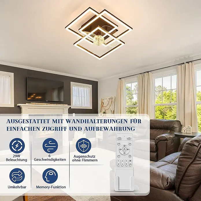Nettlife Deckenventilator - Black, 370 mm, 38 W - Moderne schwarze Deckenventilatorleuchte mit quadratischen Rahmen und Fernbedienung in einem Wohnzimmer.