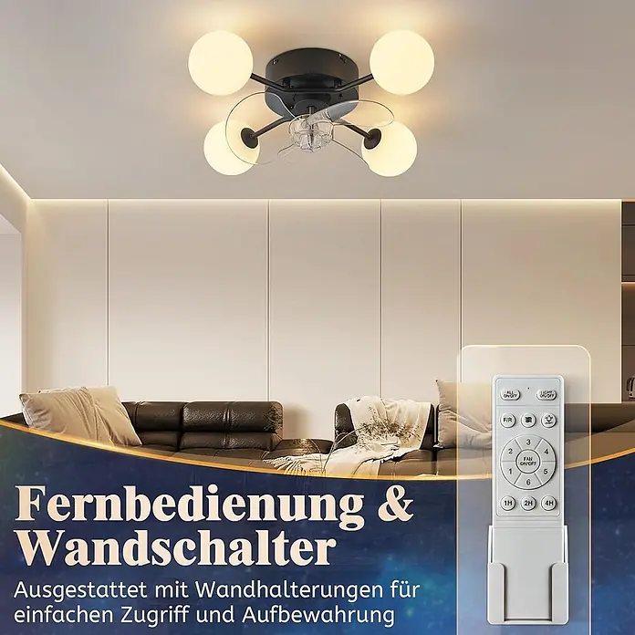 Nettlife Deckenventilator - Multicolor, 500 mm, 32 W - Schwarzer Deckenventilator mit vier Kugelleuchten in modernem Wohnzimmer, mit weißer Fernbedienung und Wandhalterung für einfachen Zugriff.