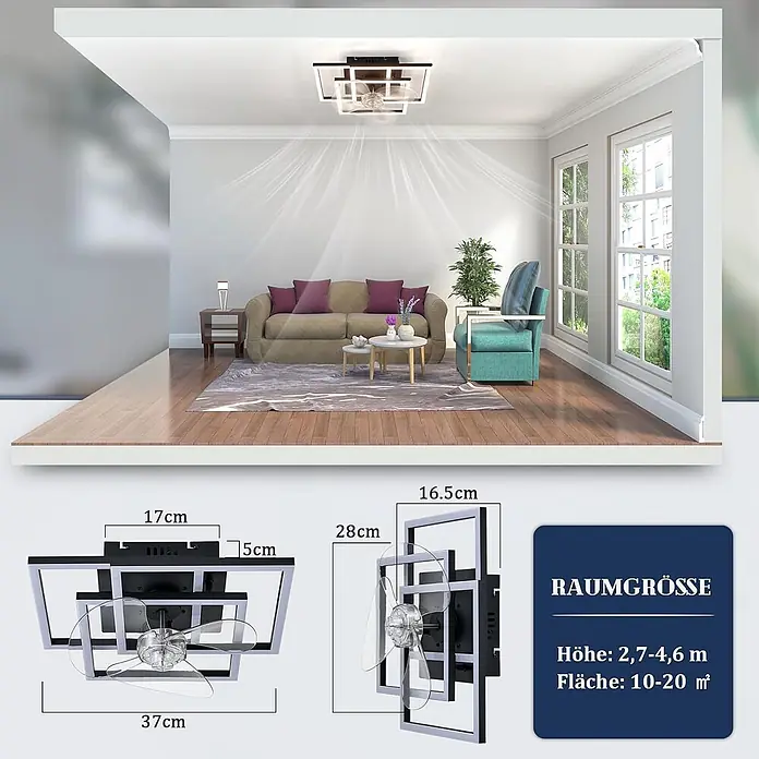 Nettlife Deckenventilator - Black, 370 mm, 38 W - Schwarz-silberne Deckenleuchte mit integriertem Ventilator, in Wohnzimmeransicht und Maßen: 37x37x16.5 cm, für Räume 10-20 m².