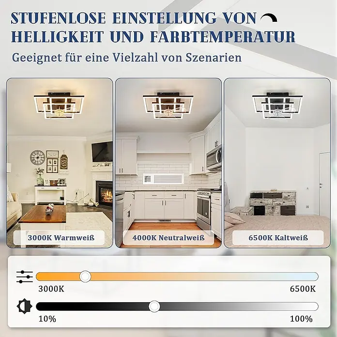 Nettlife Deckenventilator - Black, 370 mm, 38 W - Deckenleuchte mit stufenloser Einstellung von Helligkeit und Farbtemperatur, gezeigt in verschiedenen Raumszenarien.