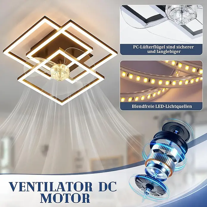 Nettlife Deckenventilator - Black, 370 mm, 38 W - Moderne quadratische Deckenleuchte mit dunklem geometrischem Rahmen, transparentem Ventilator und LED-Beleuchtung.