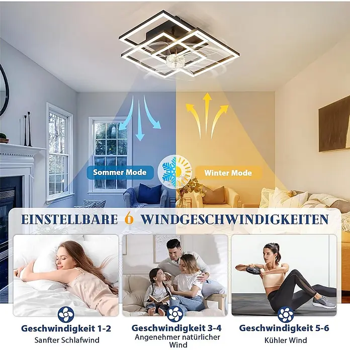 Nettlife Deckenventilator - Black, 370 mm, 38 W - Moderner quadratischer Deckenventilator mit Beleuchtung, zeigt Sommer- und Winterbetrieb sowie 6 einstellbare Windgeschwindigkeiten.