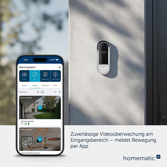 Homematic IP Türklingel mit Kamera Smart Home HmIP-CODB - Weiß - Homematic IP Türklingel-Kamera, silber-schwarz, an Wand montiert, zeigt Video-Feeds auf Smartphone-App zur Überwachung.