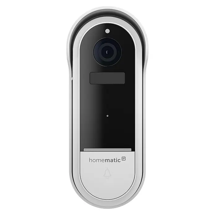 Homematic IP Türklingel mit Kamera Smart Home HmIP-CODB - Weiß - Schwarz-weiße intelligente Türklingel mit Kamera, Lautsprecher, „homematic IP“-Branding und Glockensymbol.