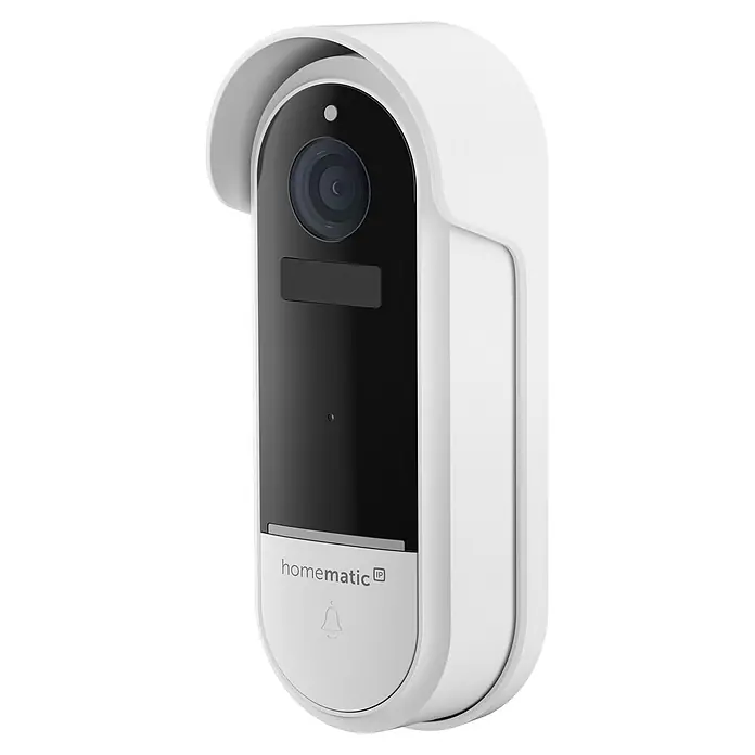 Homematic IP Türklingel mit Kamera Smart Home HmIP-CODB - Weiß - Weiße Smart-Video-Türklingel mit schwarzer Kamera und Frontblende, mit Schutzdach und "homematic IP" Logo.