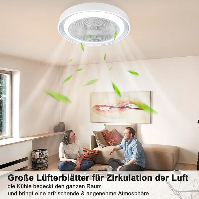Nettlife Deckenventilator - White, 500 mm, 38 W - Weißer Deckenventilator mit Licht in einem Wohnzimmer, der Luft über zwei Personen zirkuliert.