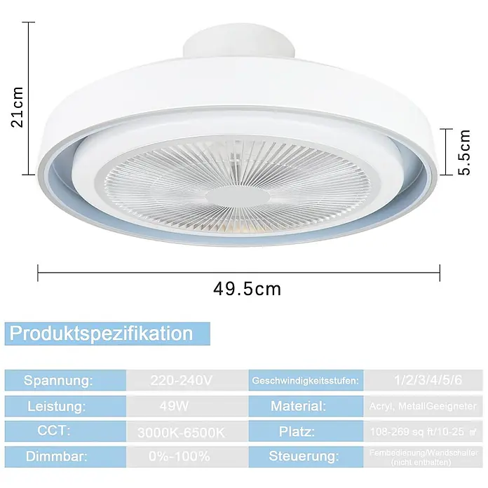 Nettlife Deckenventilator - White, 500 mm, 38 W - Weißer Deckenventilator mit integriertem Licht, 49,5cm Durchmesser, 21cm hoch, aus Acryl und Metall.
