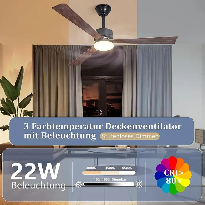 Nettlife Deckenventilator - Brown, 330 mm, 50 W - Schwarzer Deckenventilator mit Holzflügeln und einstellbarem Licht (warm/kühl) beleuchtet einen Raum.