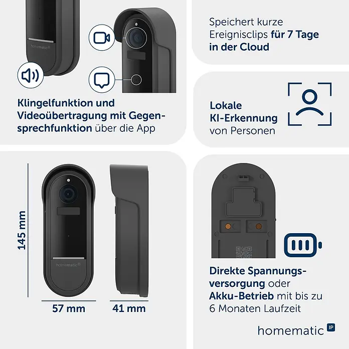 Homematic IP Türklingel mit Kamera Smart Home HmIP-CODB - Anthrazit - Dunkelgraue Smart-Türklingel (145x57x41mm) mit Video, Gegensprechfunktion, Personenerkennung, Cloud-Speicher und flexibler Stromversorgung bis 6 Monate.