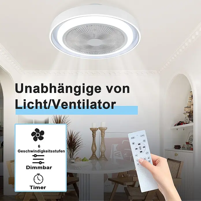 Nettlife Deckenventilator - White, 500 mm, 38 W - Ein weißer Deckenventilator mit integrierter LED-Beleuchtung hängt an der Decke. Eine Hand hält die Fernbedienung.