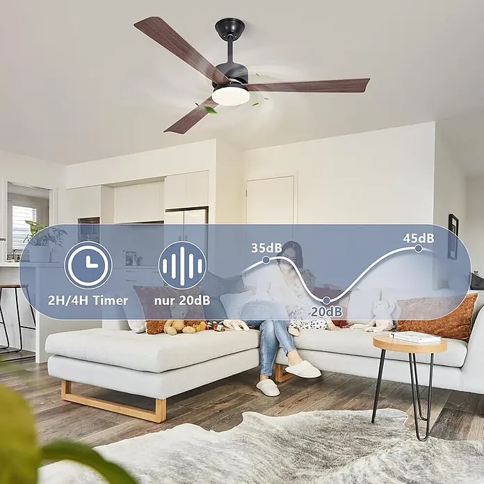 Nettlife Deckenventilator - Brown, 330 mm, 50 W - Schwarzer Deckenventilator mit dunklen Holzoptik-Flügeln und Licht im Wohnzimmer, Overlays zeigen Timer und geringe Lautstärke.