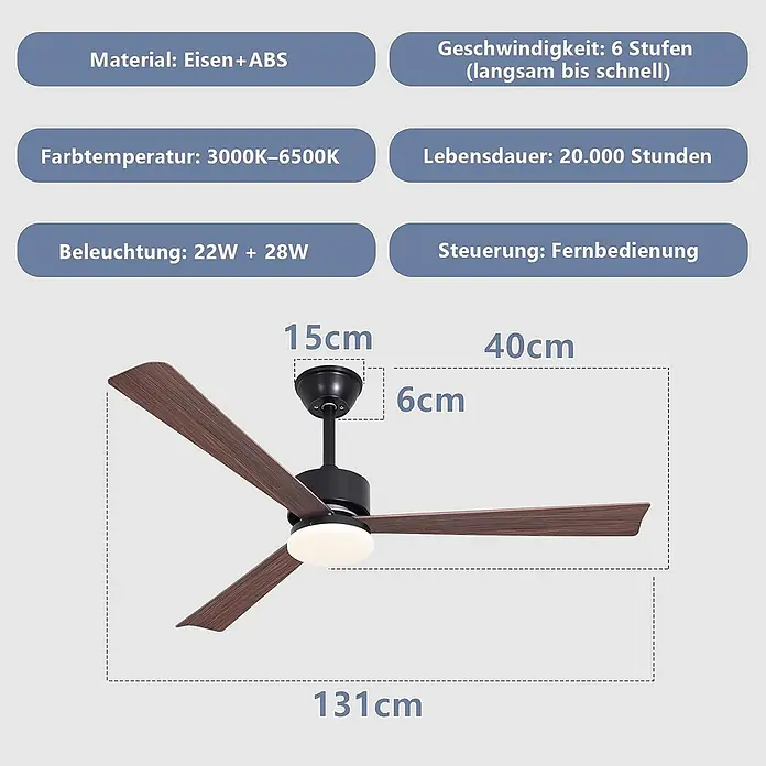 Nettlife Deckenventilator - Brown, 330 mm, 50 W - Ein moderner Deckenventilator mit drei dunkelbraunen Blättern, schwarzem Motor und integriertem LED-Licht, 131cm Durchmesser.