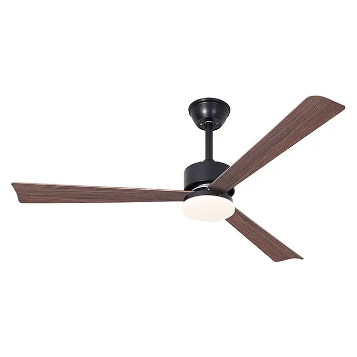 Nettlife Deckenventilator - Brown, 330 mm, 50 W - Schwarzer Deckenventilator mit drei braunen Holzflügeln und integriertem weißen Licht.