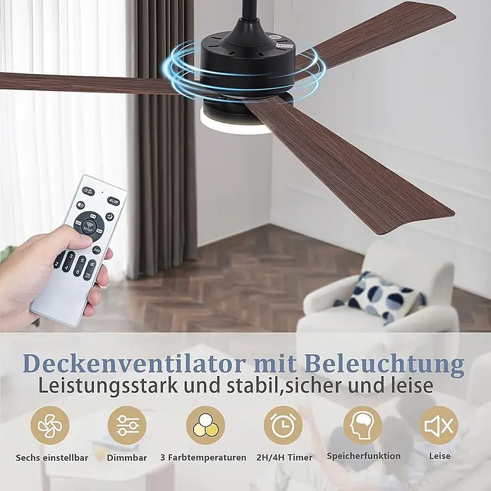 Nettlife Deckenventilator - Brown, 330 mm, 50 W - Deckenventilator mit Holzoptik-Flügeln und Beleuchtung, per Fernbedienung steuerbar, in einem Raum.