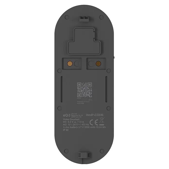 Homematic IP Türklingel mit Kamera Smart Home HmIP-CODB - Anthrazit - Dunkelgraue Rückseite der Homematic IP Video-Türklingel (HmIP-CODB) mit Produktspezifikationen, QR-Code und Montagehinweisen.