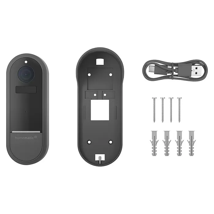 Homematic IP Türklingel mit Kamera Smart Home HmIP-CODB - Anthrazit - Dunkelgraue Smart-Türklingel mit Kamera und Klingeltaste, dazu Montageplatte, USB-Kabel, Schrauben und Dübel.