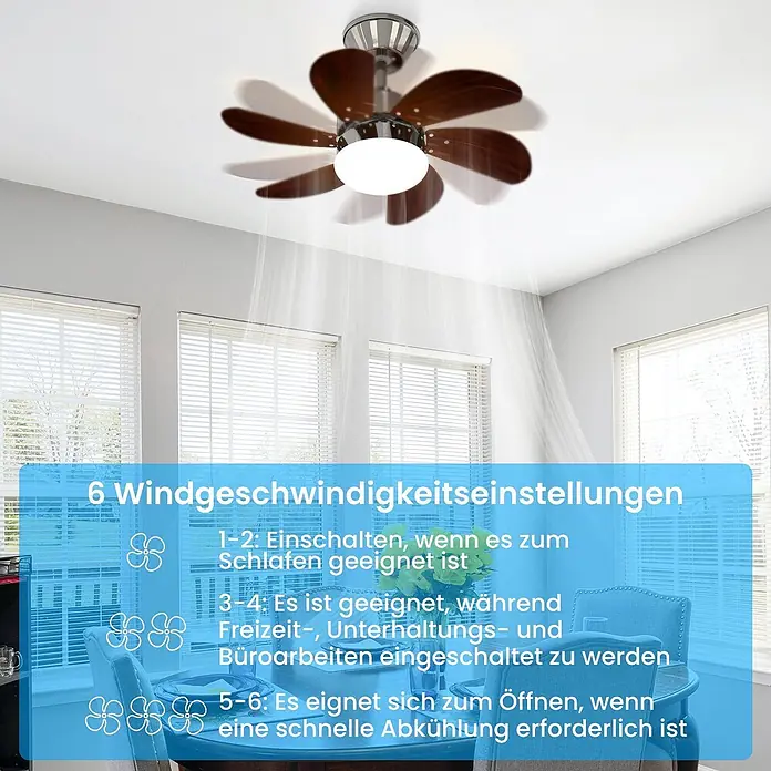 Nettlife Deckenventilator - gray, 750 mm, 57 W - Deckenventilator mit Holzflügeln und Licht in einem Esszimmer, Luftstrom sichtbar.