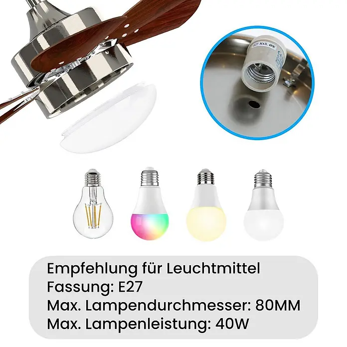 Nettlife Deckenventilator - gray, 750 mm, 57 W - Deckenventilator mit Holzflügeln, silbernem Metallgehäuse und E27-Leuchtfassung. Empfohlen für max. 40W Leuchtmittel.