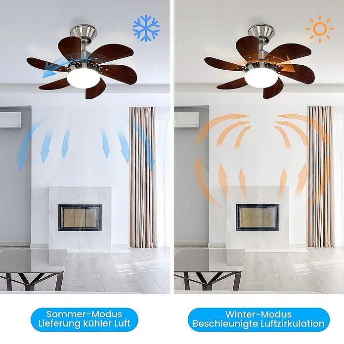 Nettlife Deckenventilator - gray, 750 mm, 57 W - Moderner Deckenventilator mit dunklen Holzflügeln und silbernen Akzenten, zeigt Sommer-Modus (kalte Luft abwärts) und Winter-Modus (Luftzirkulation aufwärts).