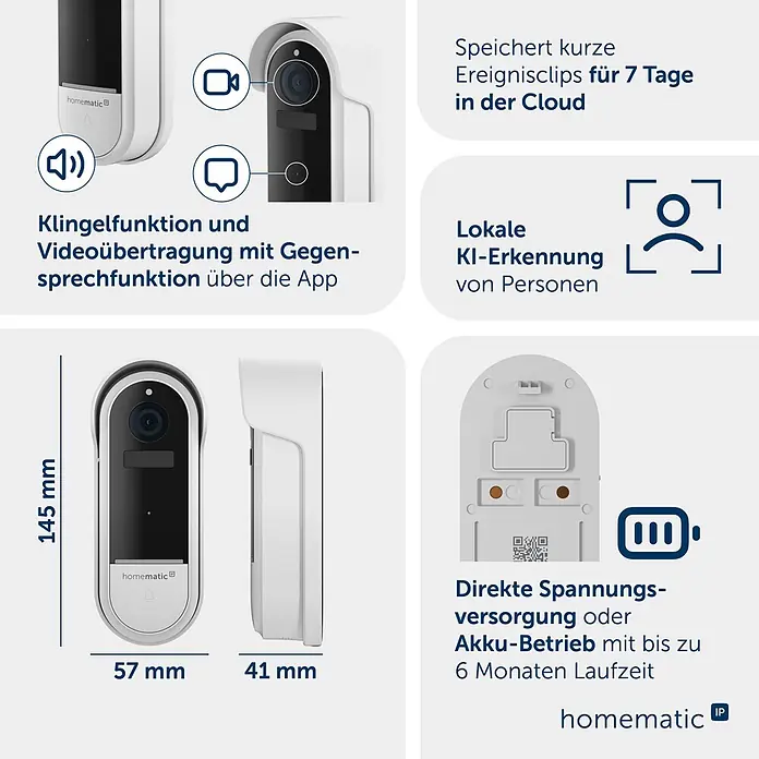 Homematic IP Türklingel mit Kamera Smart Home HmIP-CODB - Weiß - Weißer Homematic IP Videotürklingel, 145x57x41mm, mit Video, Gegensprechfunktion, KI-Personenerkennung und Akkubetrieb bis 6 Monate.