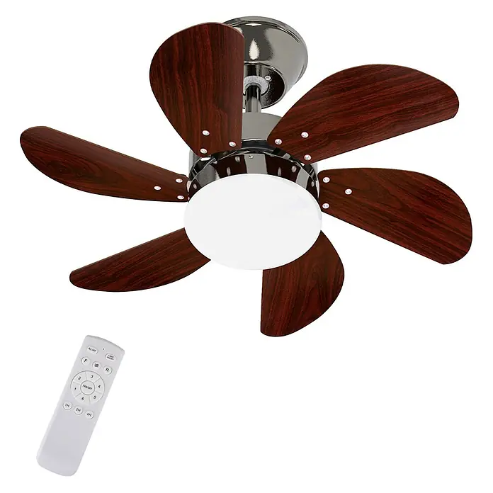 Nettlife Deckenventilator - gray, 750 mm, 57 W - Deckenventilator mit sechs dunkelbraunen Holzoptik-Flügeln, Chrom-Finish, integrierter LED-Leuchte und weißer Fernbedienung.
