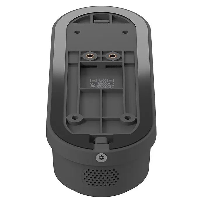Homematic IP Türklingel mit Kamera Smart Home HmIP-CODB - Anthrazit - Unterseite eines dunkelgrauen Geräts mit QR-Code, Lautsprechergitter, Torx-Schraube und Montagebohrungen.