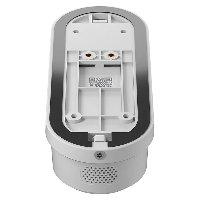 Homematic IP Türklingel mit Kamera Smart Home HmIP-CODB - Weiß - Unterseite eines weißen Smart-Geräts mit Befestigungspunkten, Lautsprechergitter und QR-Code. Mit sternförmiger Schraube.