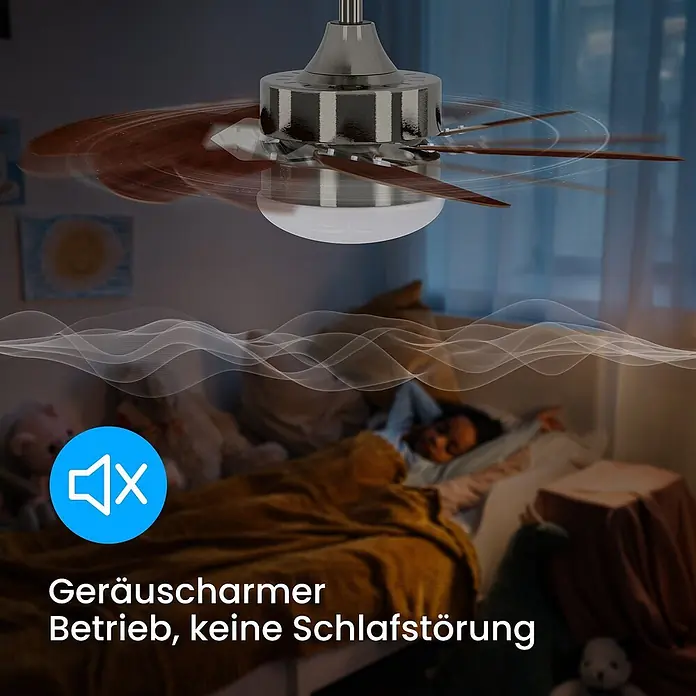 Nettlife Deckenventilator - gray, 750 mm, 57 W - Leiser Deckenventilator aus silbernem Metall mit Holzflügeln, der Luftstrom erzeugt, damit ein Kind ungestört schlafen kann.