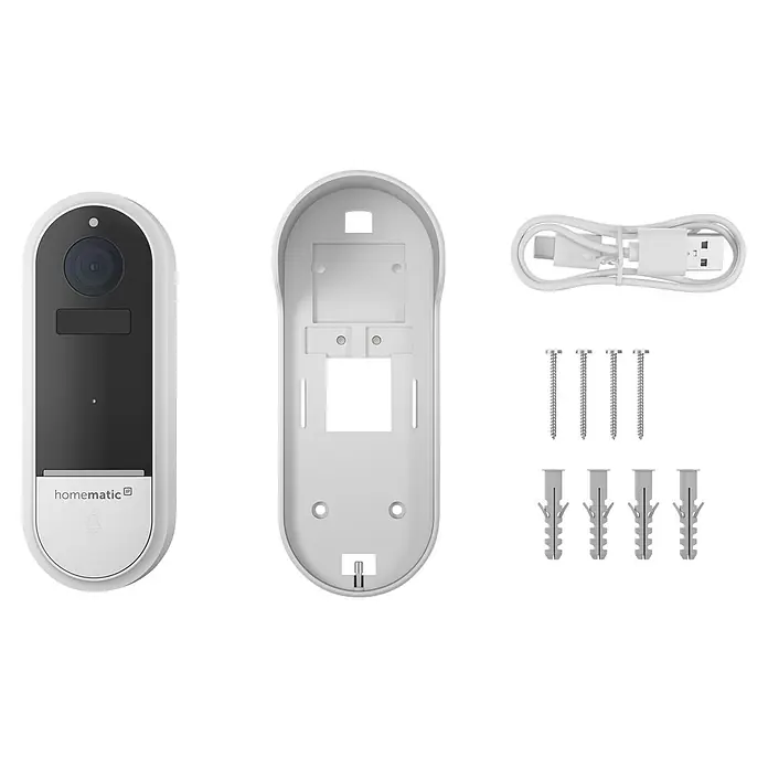 Homematic IP Türklingel mit Kamera Smart Home HmIP-CODB - Weiß - Weiße und schwarze Smart-Türklingel mit Kamera, Montageplatte, weißem USB-Kabel, silbernen Schrauben und grauen Dübeln zur Installation.