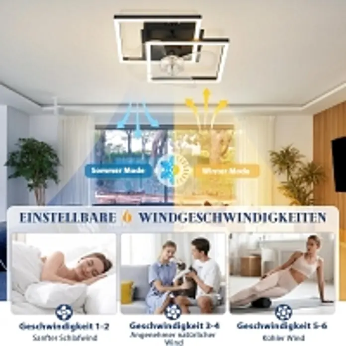 Nettlife Deckenventilator - Black, 340 mm, 38 W - Moderner Schwarz-Weiß-Deckenventilator mit LED-Licht, zeigt umkehrbaren Luftstrom (Sommer/Winter) und 6 einstellbare Windgeschwindigkeiten.