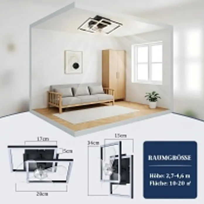 Nettlife Deckenventilator - Black, 340 mm, 38 W - Geometrische schwarze und Chrom-LED-Deckenleuchte mit zwei Glühbirnen, in einem modernen Wohnzimmer gezeigt und mit Maßen für 10-20 m² Räume.