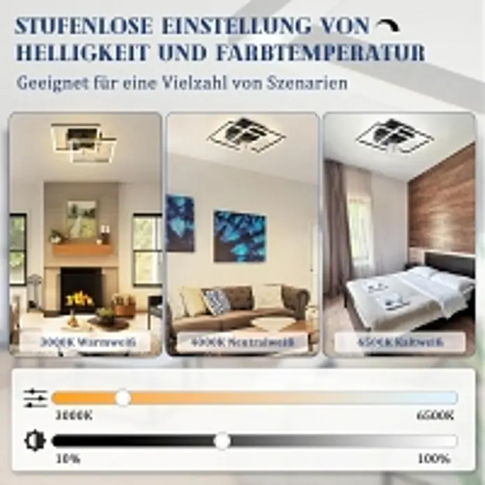 Nettlife Deckenventilator - Black, 340 mm, 38 W - Verstellbare Deckenleuchte in verschiedenen Räumen, demonstriert stufenlose Helligkeits- und Farbtemperaturregelung von warm bis kühl.