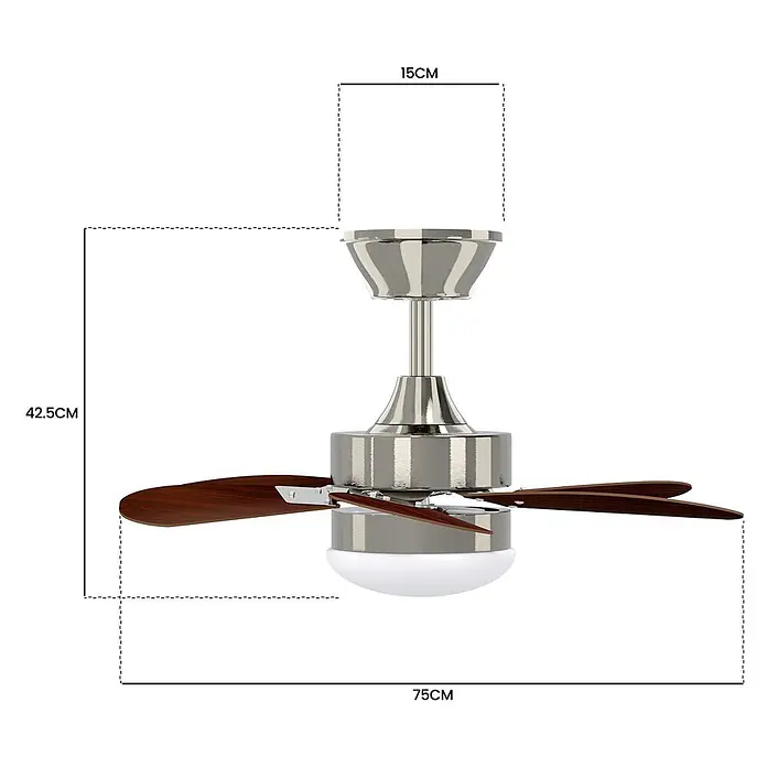 Nettlife Deckenventilator - gray, 750 mm, 57 W - Gebürsteter Nickel-Deckenventilator mit dunklen Holzflügeln und integriertem Licht, 42,5 cm hoch und 75 cm breit.