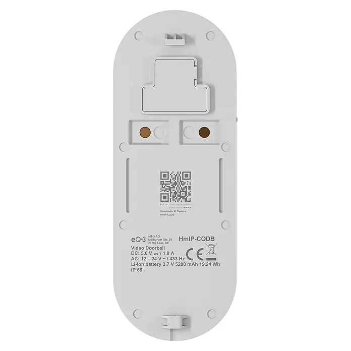 Homematic IP Türklingel mit Kamera Smart Home HmIP-CODB - Weiß - Weiße Homematic IP Video-Türklingel (Rückansicht) mit technischen Daten, QR-Code und Befestigungselementen.