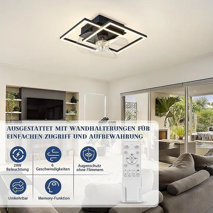 Nettlife Deckenventilator - Black, 340 mm, 38 W - Moderner schwarzer LED-Deckenventilator mit klaren Flügeln, integriertem Licht und Fernbedienung mit Wandhalterung in einem Wohnzimmer.