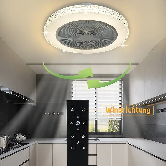 Nettlife Deckenventilator - White, 490 mm, 38 W - Runder Deckenventilator mit LED-Licht und Kristallrand, mit Fernbedienung in moderner Küche.