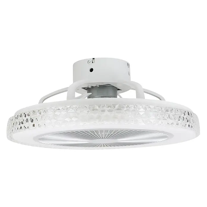 Nettlife Deckenventilator - White, 490 mm, 38 W - Weißer moderner Deckenventilator mit integriertem LED-Licht, verziert mit einem klaren Kristallband und sichtbarem Lüftergitter.