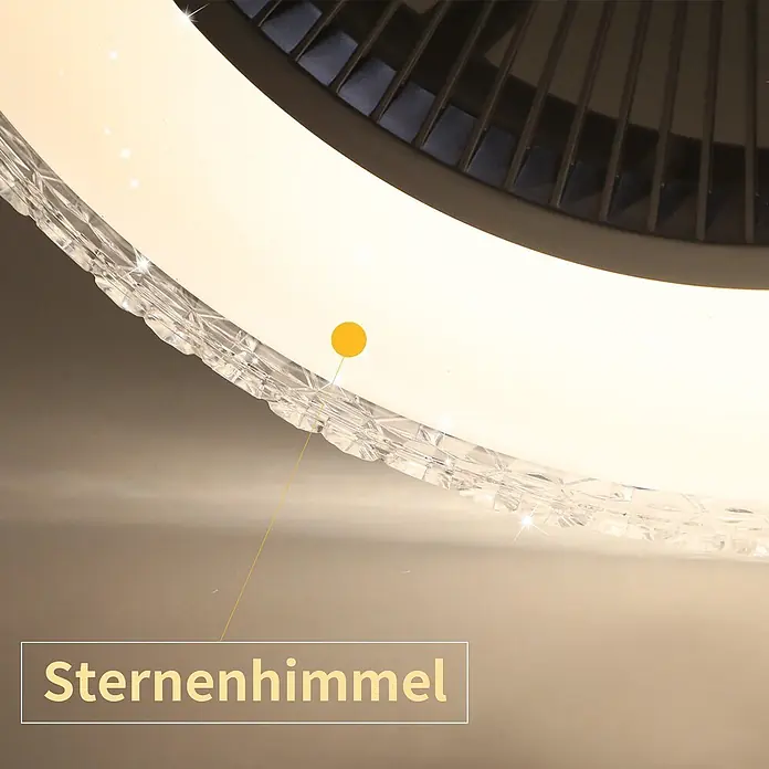 Nettlife Deckenventilator - White, 490 mm, 38 W - Nahaufnahme einer modernen Deckenleuchte mit integriertem Ventilator, mattem Diffusor mit Sternenhimmel-Effekt und funkelndem Kristallrand.