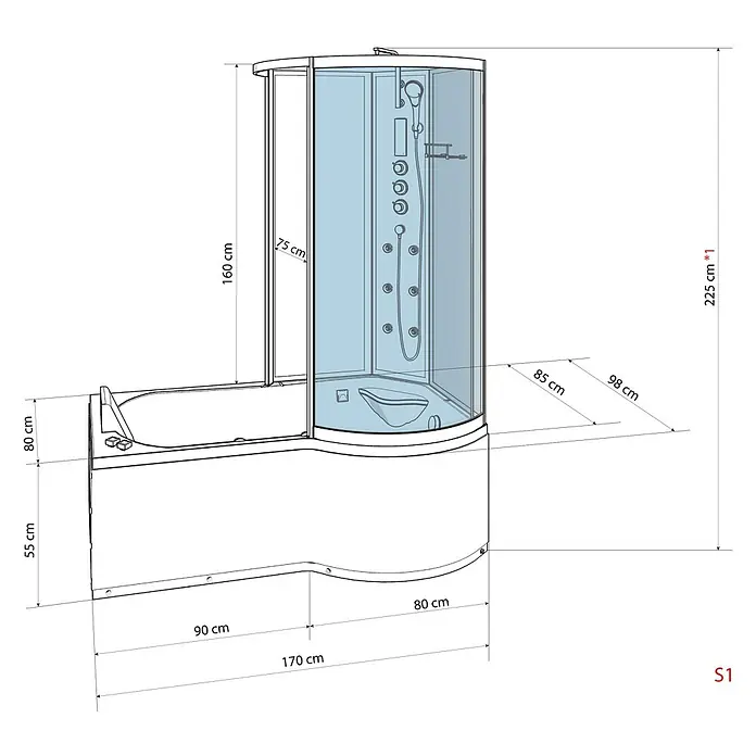 AcquaVapore Komplettdusche Fertigdusche K50-L00 - Weiß - Weiße Kombi-Dusch- und Badewanneneinheit mit Glaskabine und Duschpaneel, mit Maßen dargestellt.